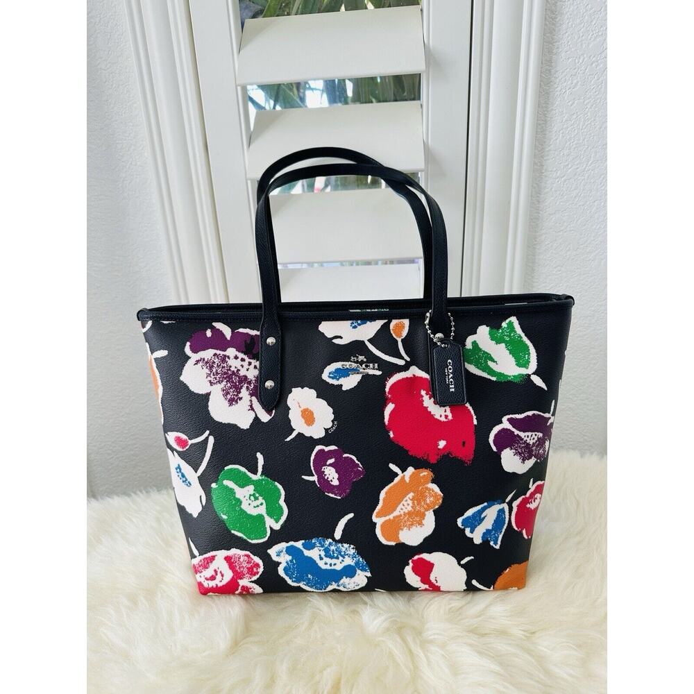 NWT COACH Vintage City Zip Tote Bag Floral Pvc Rainbow Black $295 With Flaw